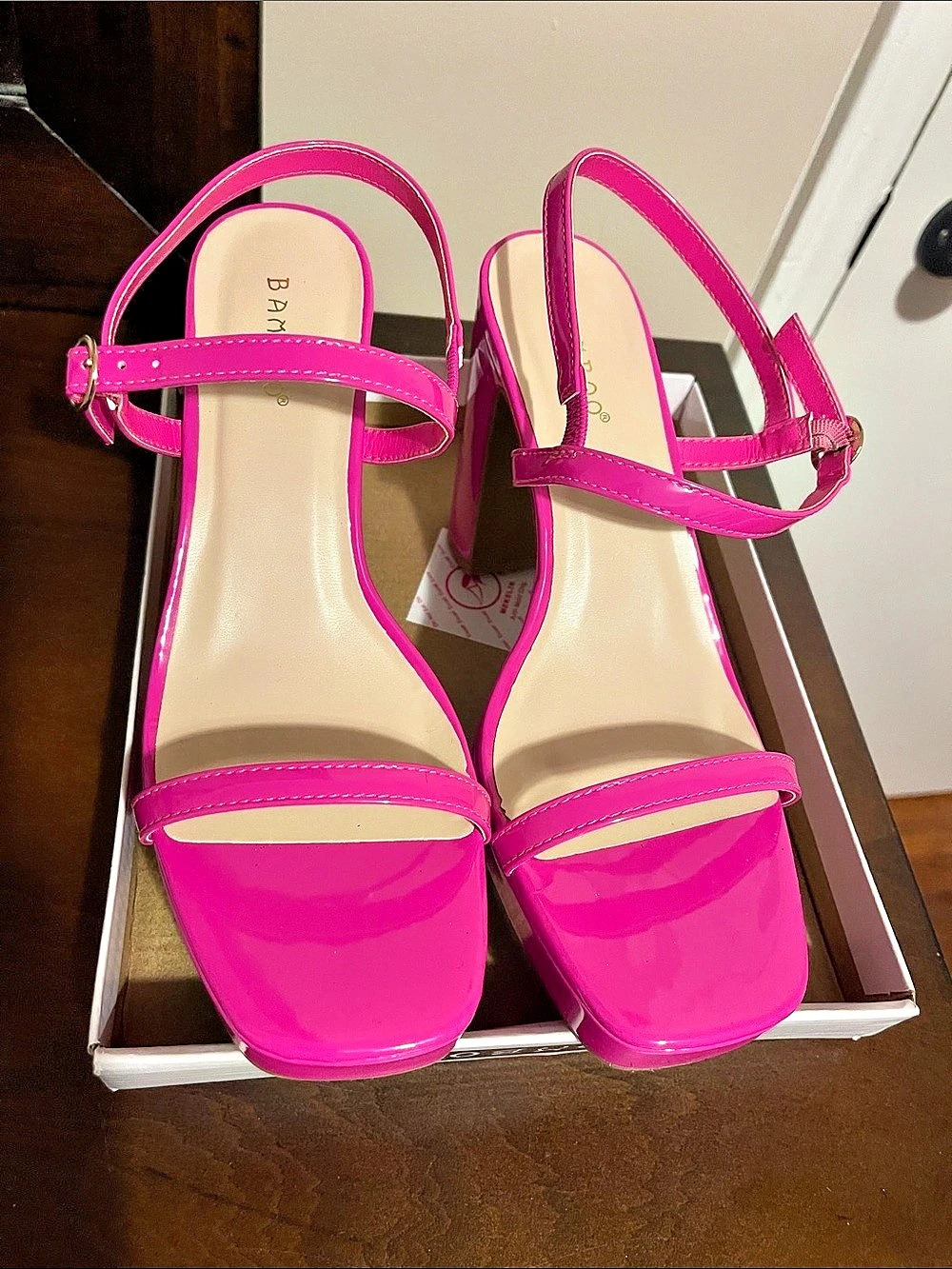 Bamboo DIALOG-18 Patent Strappy Heels Pink